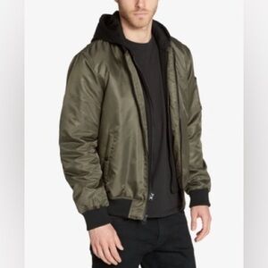 Guess Green & Gray Bomber Jacket with Removable Hood Inset Size XL - NWOT